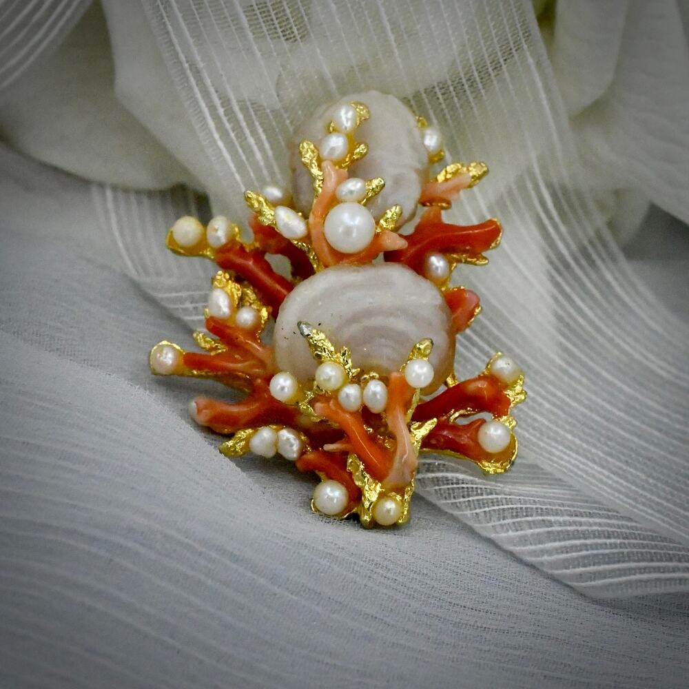 Vintage SWOBODA Signed Branch Coral Pearl Operculum Shell Brooch Pin 21g